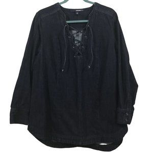 Denim 24/7 Cotton Dark Denim Long Sleeve Lace Up Neck Round Hem Tunic Women 16W